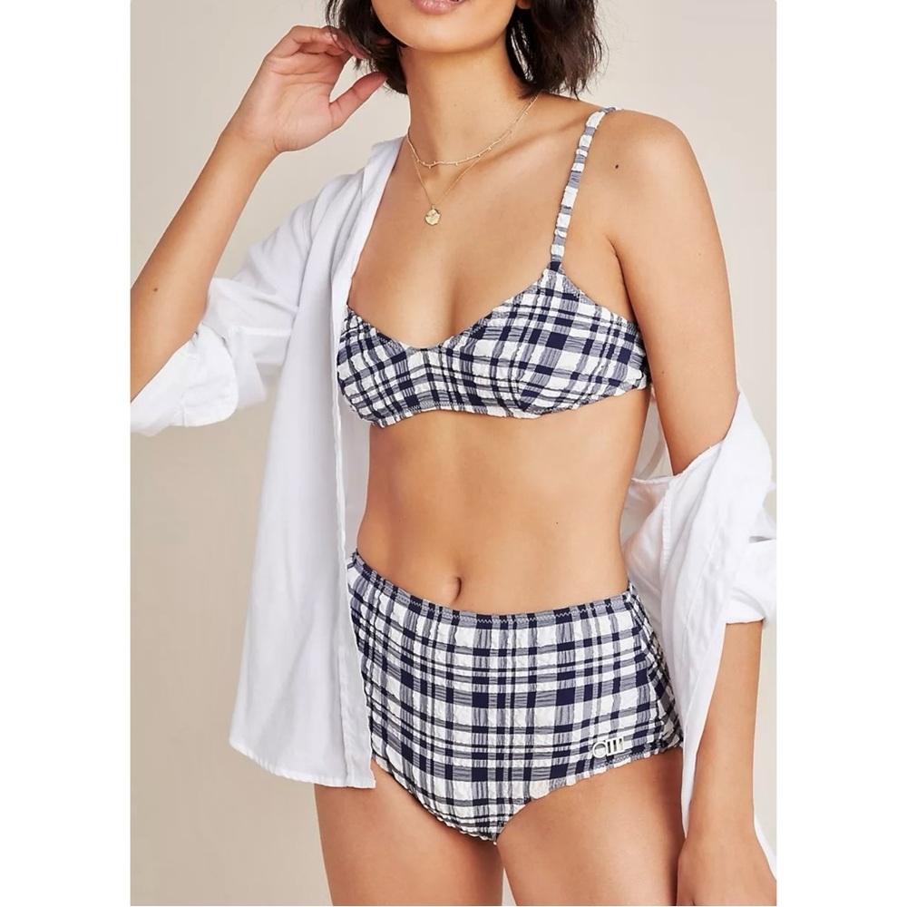 SOLID & STRIPED Navy and White Plaid High-Waist Bikini